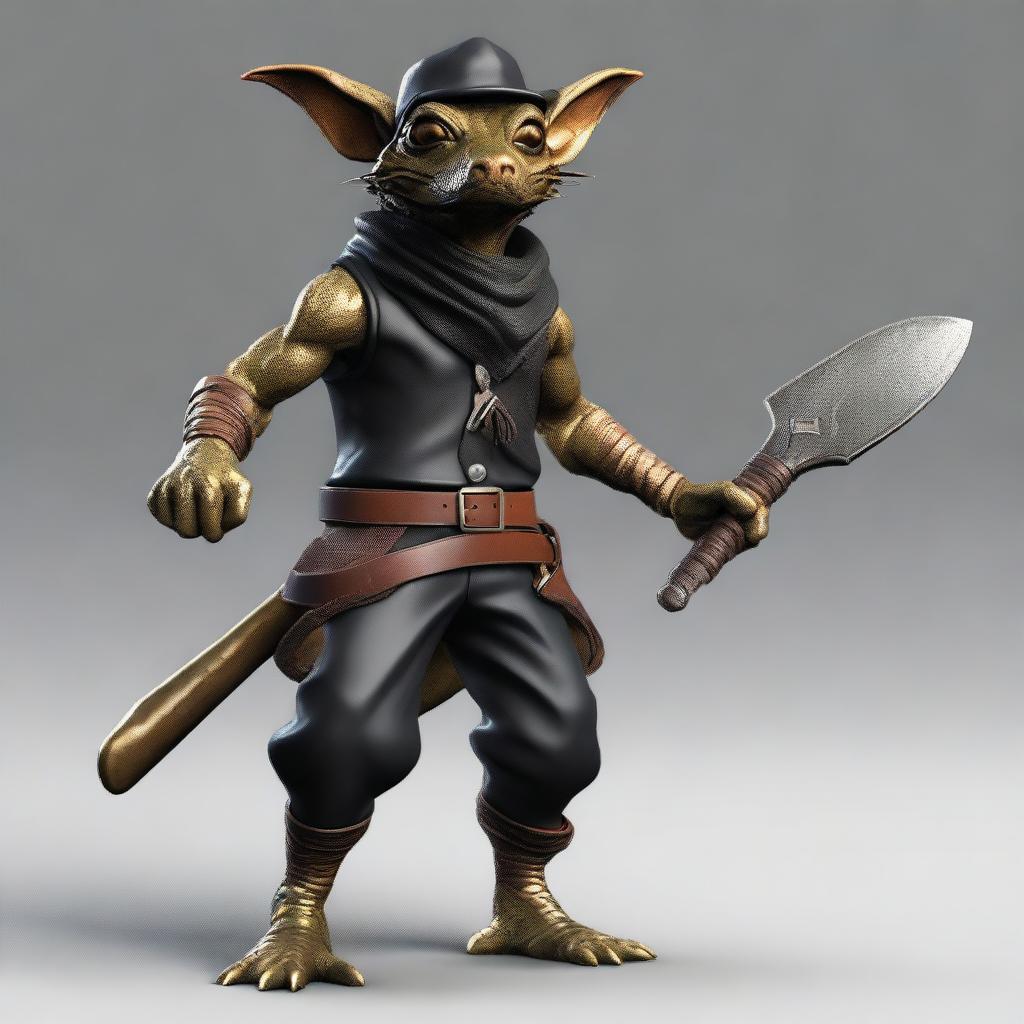 Generate an ultra realistic image of a brass Kobold dressed in black leather