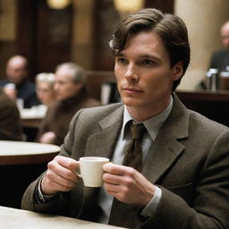 Cillian Murphy as Jonathan Crane from Batman Begins, casually enjoying a coffee