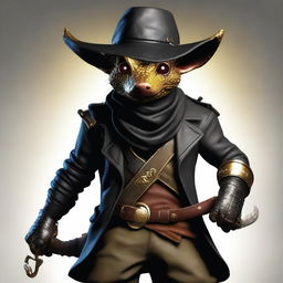 An ultra realistic image of a brass Kobold dressed as a bandit in black leather, wearing a bandana