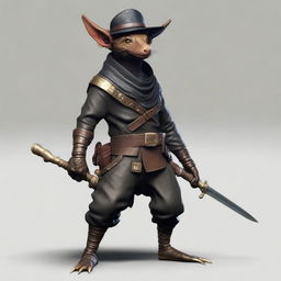 An ultra realistic image of a brass Kobold dressed as a bandit in black leather, wearing a bandana