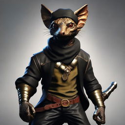 An ultra realistic image of a brass Kobold dressed as a bandit in black leather, wearing a bandana