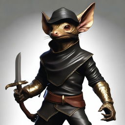 An ultra realistic image of a brass Kobold dressed as a bandit in black leather, wearing a bandana