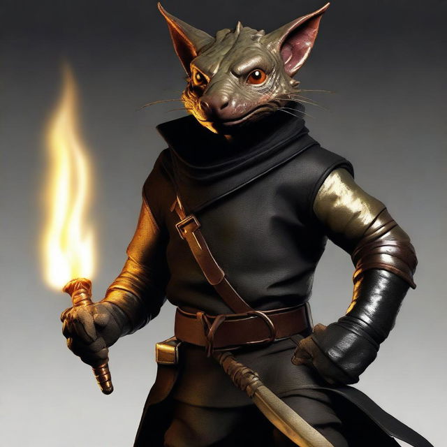 Create an ultra-realistic image of a brass Kobold, who is a bandit and a rogue