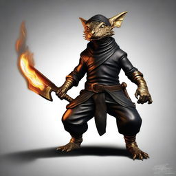 Create an ultra-realistic image of a brass Kobold, who is a bandit and a rogue