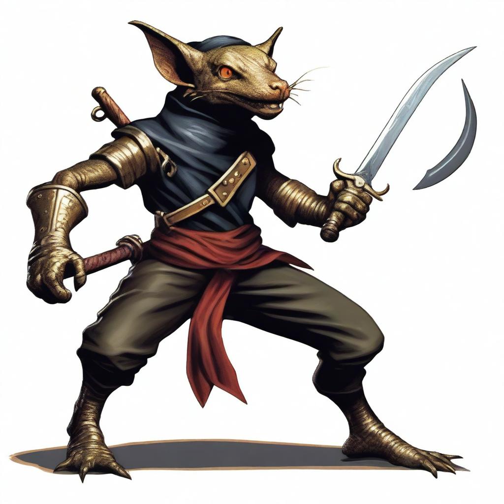 A brass Kobold from Dungeons and Dragons, dressed as a bandit in black leather and a bandana