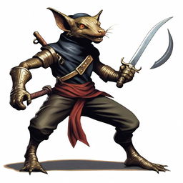 A brass Kobold from Dungeons and Dragons, dressed as a bandit in black leather and a bandana