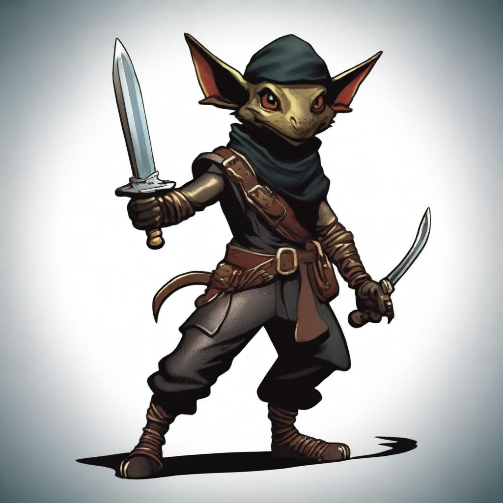 A brass Kobold from Dungeons and Dragons, dressed as a bandit in black leather and a bandana