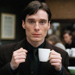 Cillian Murphy as Jonathan Crane from Batman Begins, casually enjoying a coffee