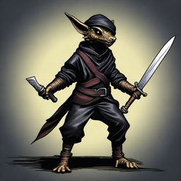 A brass Kobold from Dungeons and Dragons, dressed as a bandit in black leather and a bandana