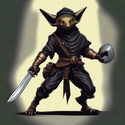 A brass Kobold from Dungeons and Dragons, dressed as a bandit in black leather and a bandana