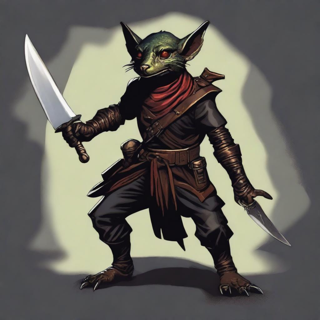 A brass Kobold from Dungeons and Dragons, dressed as a bandit in black leather armor and a bandana