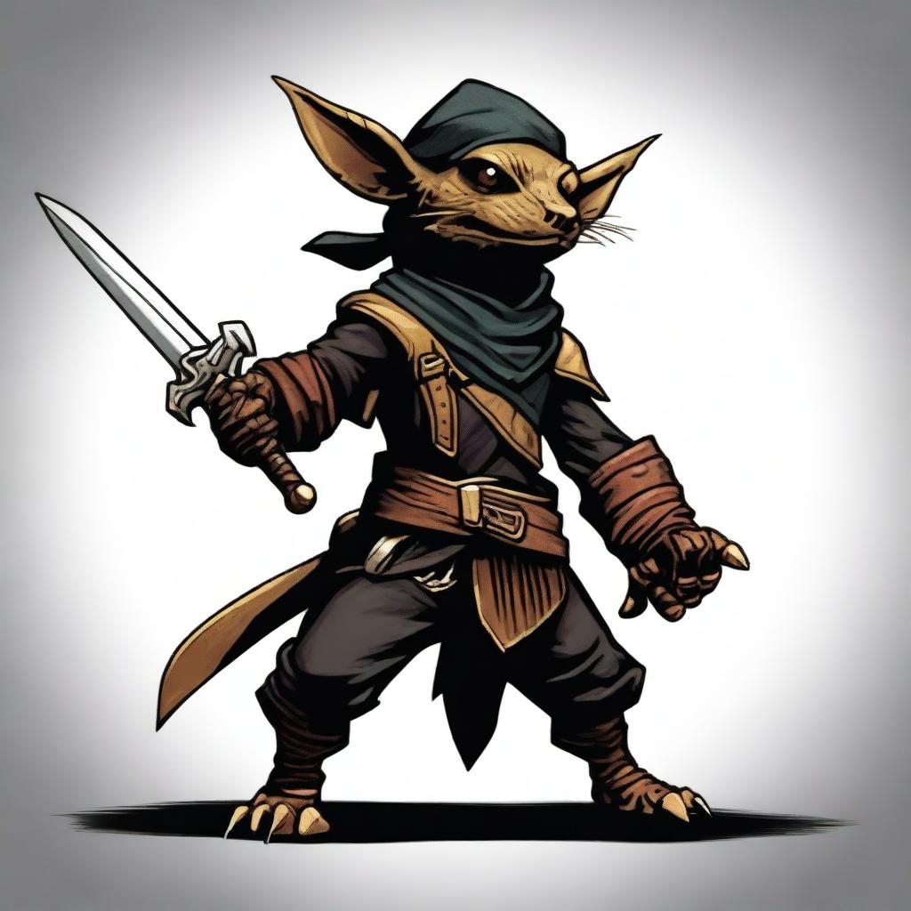 A brass Kobold from Dungeons and Dragons, dressed as a bandit in black leather armor and a bandana