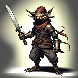 A brass Kobold from Dungeons and Dragons, dressed as a bandit in black leather armor and a bandana