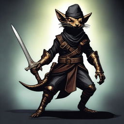 A brass Kobold from Dungeons and Dragons, dressed as a bandit in black leather armor and a bandana