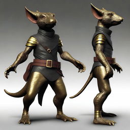 Generate an ultra-realistic image of a brass Kobold with a tail, dressed in black leather armor