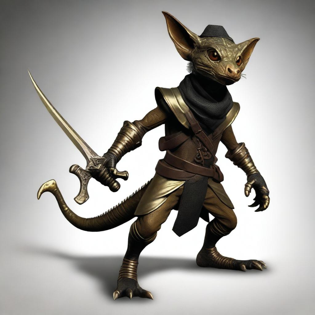 Generate an ultra-realistic image of a brass Kobold with a tail, dressed in black leather armor