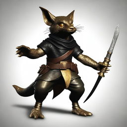 Generate an ultra-realistic image of a brass Kobold with a tail, dressed in black leather armor