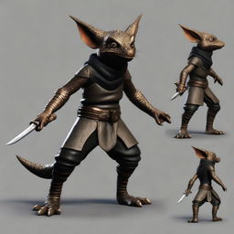 Generate an ultra-realistic image of a brass Kobold with a tail, dressed in black leather armor