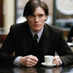 Cillian Murphy as Jonathan Crane from Batman Begins, casually enjoying a coffee