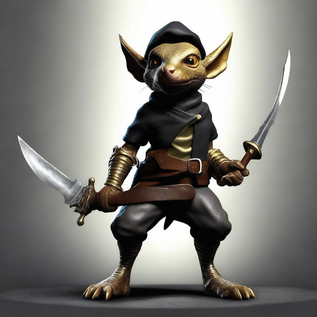 Generate an ultra-realistic image of a brass Kobold with a tail, dressed in black leather and wearing a bandana