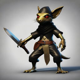 Generate an ultra-realistic image of a brass Kobold with a tail, dressed in black leather and wearing a bandana