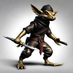 Generate an ultra-realistic image of a brass Kobold with a tail, dressed in black leather and wearing a bandana