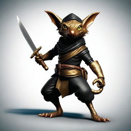 Generate an ultra-realistic image of a brass Kobold with a tail, dressed in black leather and wearing a bandana