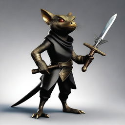 Generate an ultra-realistic image of a brass Kobold with a tail, dressed in black leather and functioning as a rogue bandit