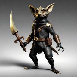 Generate an ultra-realistic image of a brass Kobold with a tail, dressed in black leather and functioning as a rogue bandit