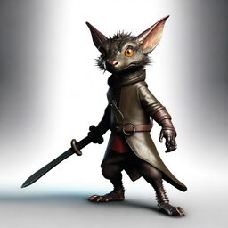 Generate an ultra-realistic image of a brass Kobold with a tail, dressed in black leather and functioning as a rogue bandit