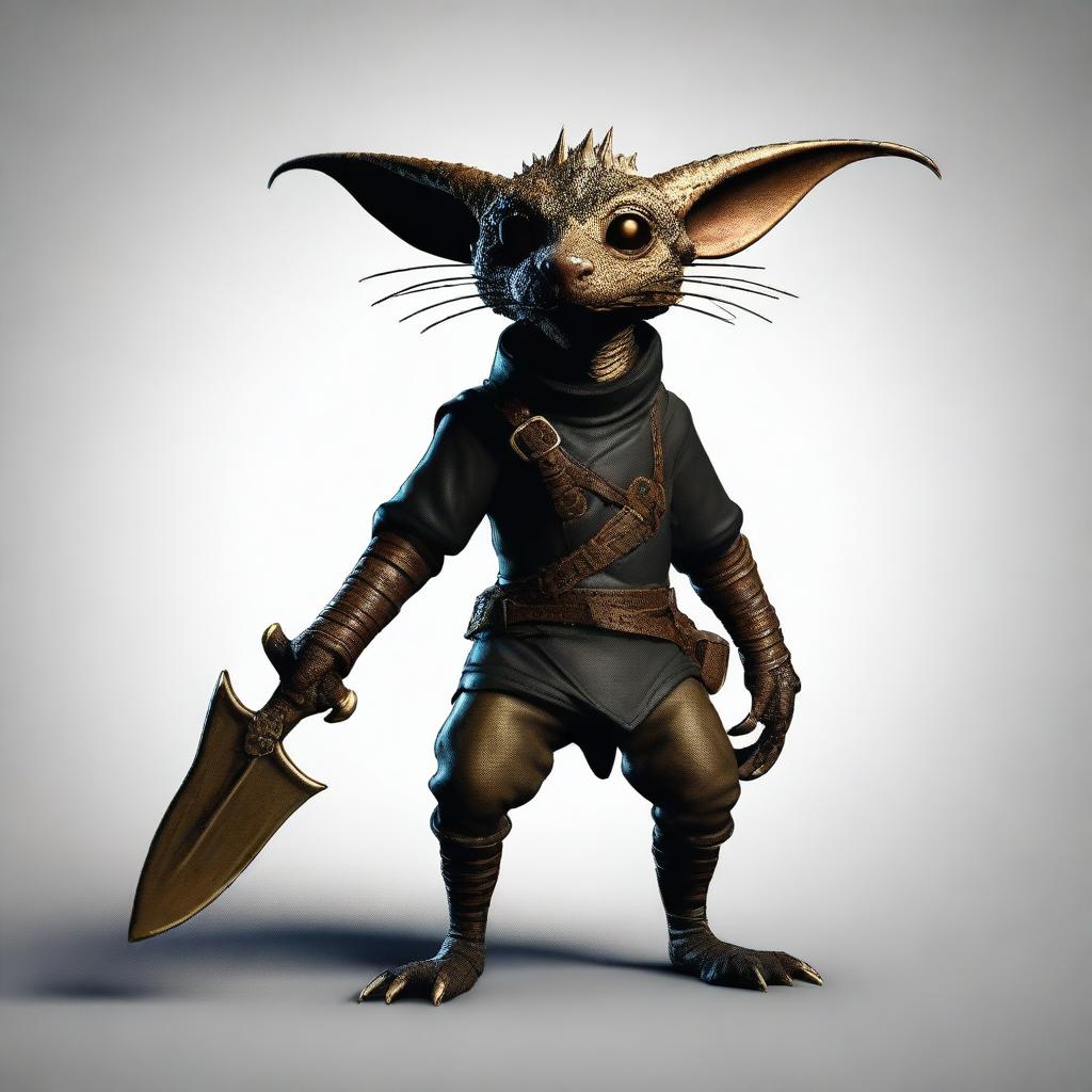 Generate an ultra-realistic image of a brass Kobold with a tail, dressed in black leather and functioning as a rogue bandit