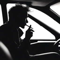 Create an image of a silhouette of a man with a cigarette in his hand, sitting in a car