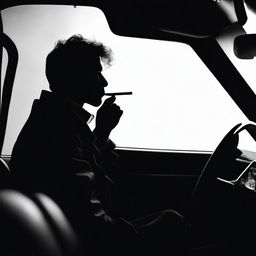 Create an image of a silhouette of a man with a cigarette in his hand, sitting in a car