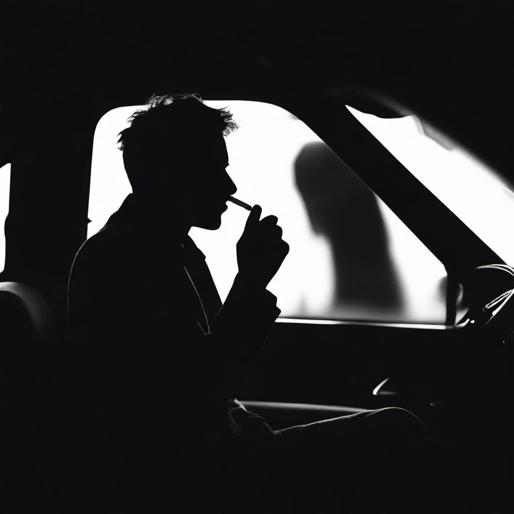 Create an image of a silhouette of a man with a cigarette in his hand, sitting in a car