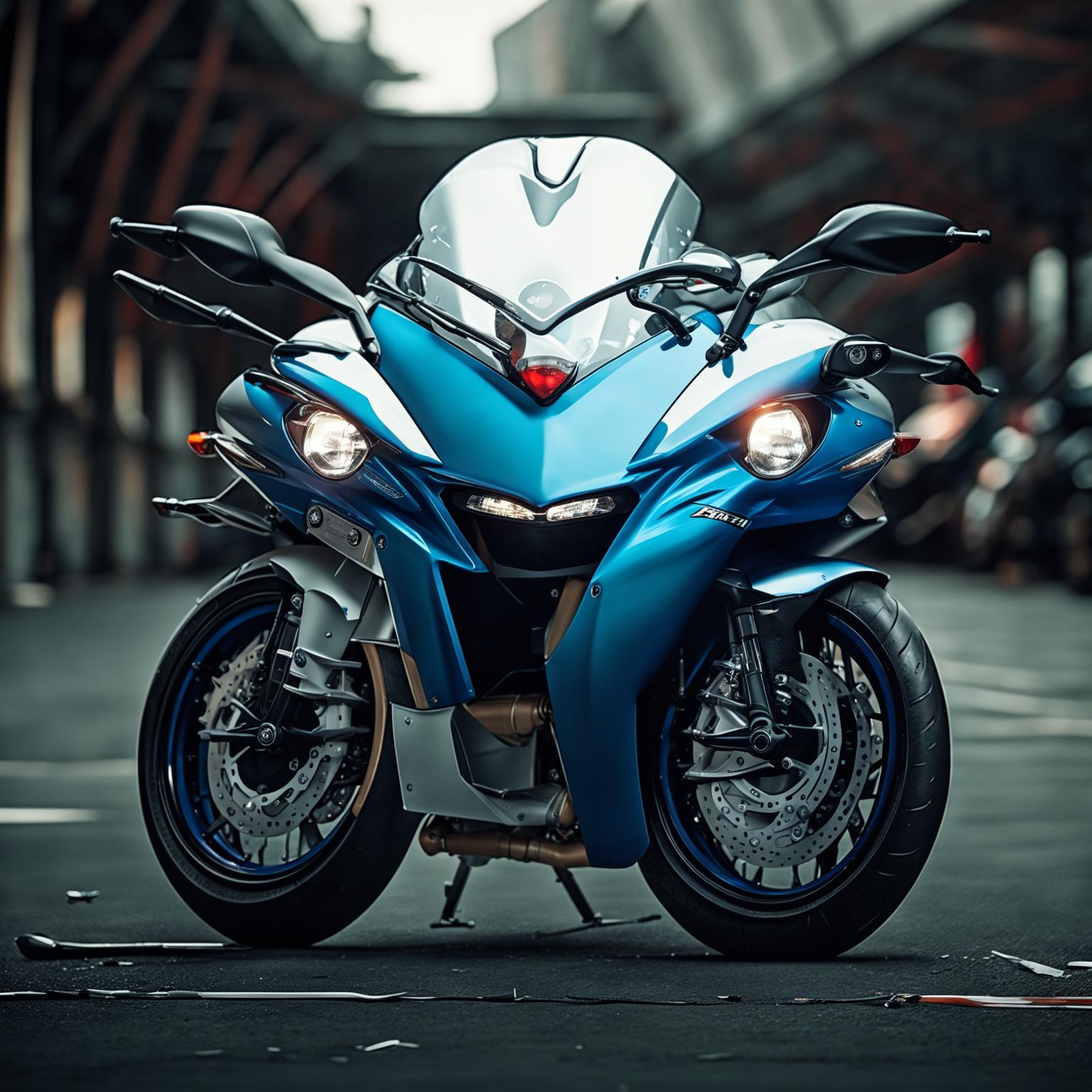 An image of a BMW S1000RR sport motorcycle in dynamic angle, showcasing its sleek design, asymmetrical headlights, and the iconic BMW Motorrad colors