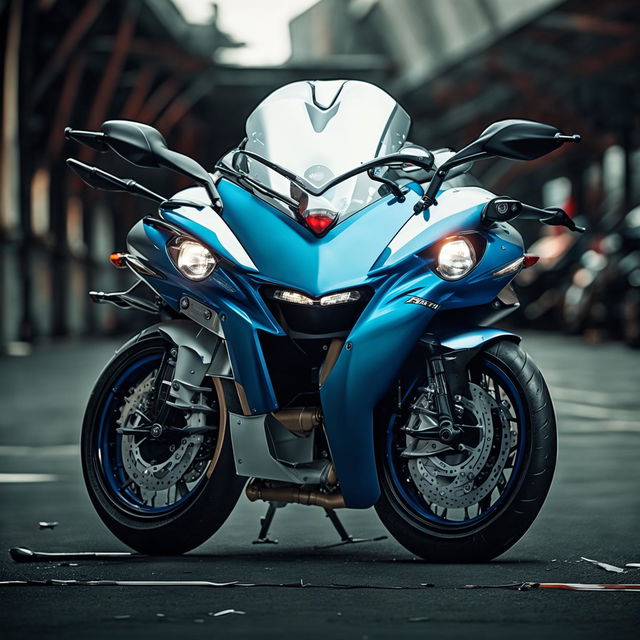 An image of a BMW S1000RR sport motorcycle in dynamic angle, showcasing its sleek design, asymmetrical headlights, and the iconic BMW Motorrad colors