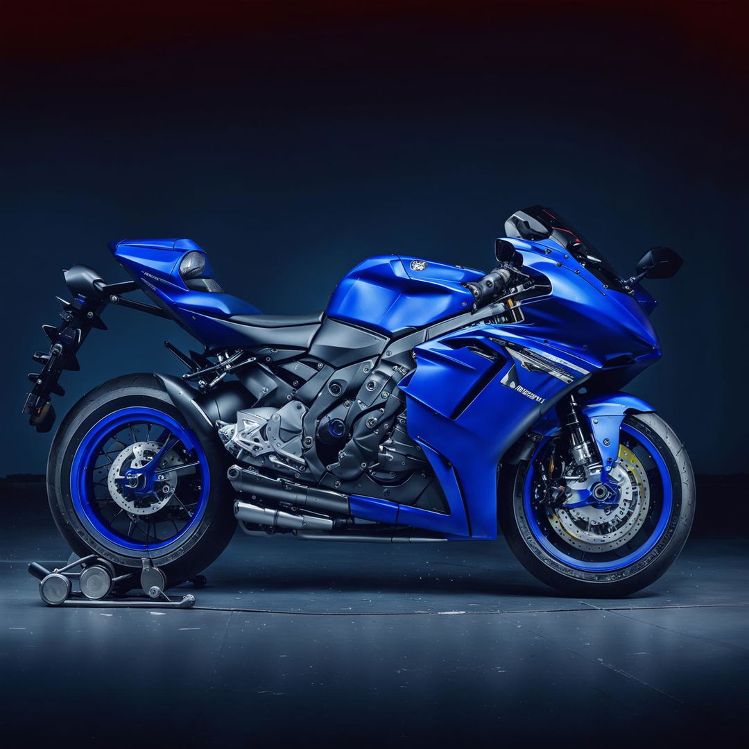 An image of a Yamaha R1 sport motorcycle in dynamic angle, showcasing its aerodynamic design, sharp lines, dual LED headlights, and the iconic Yamaha blue color