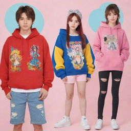 Trendy anime-inspired clothing featuring vibrant colors, unique patterns, and characteristic anime art style.