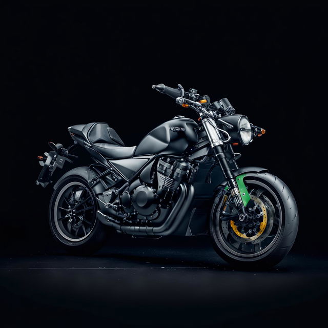 An image of a sleek, modern motorbike with a glossy black paint finish, positioned in a three-quarter view against a simple, neutral background