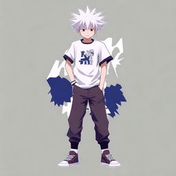 Generate an image of a t-shirt design showcasing Killua Zoldyck, a main character from the anime series Hunter X Hunter