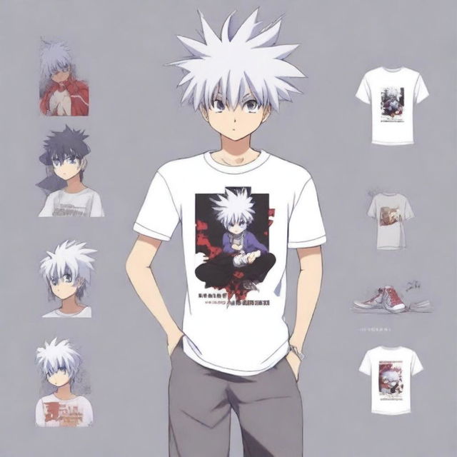 Generate an image of a t-shirt design showcasing Killua Zoldyck, a main character from the anime series Hunter X Hunter