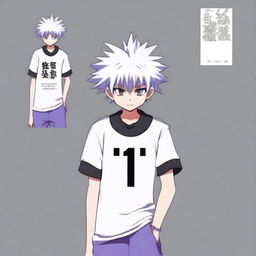 Generate an image of a t-shirt design showcasing Killua Zoldyck, a main character from the anime series Hunter X Hunter