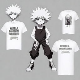 Generate an image of a t-shirt design showcasing Killua Zoldyck, a main character from the anime series Hunter X Hunter