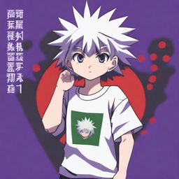 Generate an image of a t-shirt design showcasing Killua Zoldyck, a main character from the anime series Hunter X Hunter