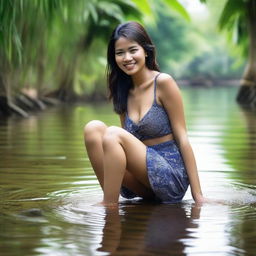 A beautiful, sexy Indonesian woman, not wearing a bra, in a super mini, thin, sexy batik skirt, posing sensually, with a teasing smile, playing with water, cleaning her feet in a clear, beautiful river, with bamboo trees in the background