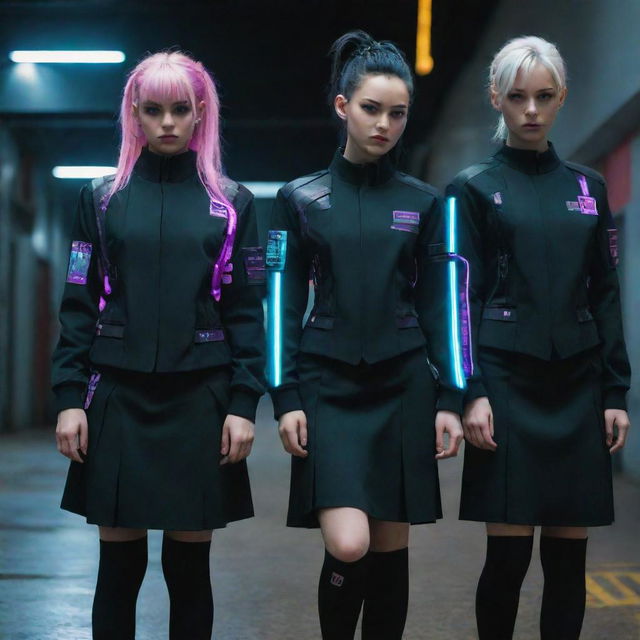 Cyberpunk school uniforms integrating stylish elements of the advanced futuristic counterculture, incorporating dark synthetic fabrics with high-tech details and vibrant neon highlights.