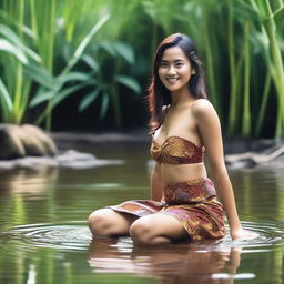 A beautiful, sexy Indonesian woman, not wearing a bra, in a super mini, thin, sexy batik skirt, posing sensually, with a teasing smile, playing with water, cleaning her feet in a clear, beautiful river, with bamboo trees in the background