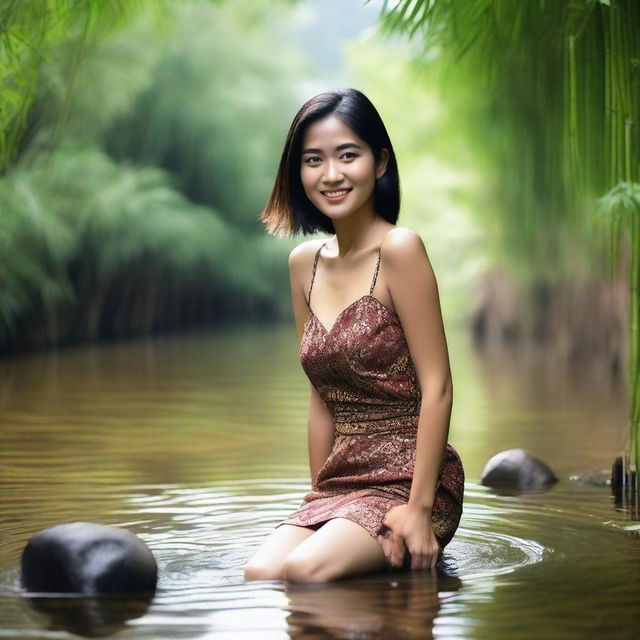 A beautiful, sexy Indonesian woman, not wearing a bra, in a super mini, thin, sexy batik skirt, posing sensually, with a teasing smile, playing with water, cleaning her feet in a clear, beautiful river, with bamboo trees in the background