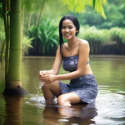 A beautiful, sexy Indonesian woman, not wearing a bra, in a super mini thin sexy batik skirt, posing sensually, with a teasing smile, playing with water as she cleans her feet in a clear and beautiful river, with bamboo trees in the background