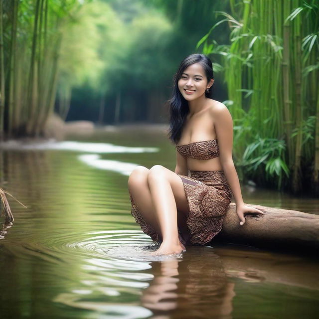 A beautiful, sexy Indonesian woman, not wearing a bra, in a super mini thin sexy batik skirt, posing sensually, with a teasing smile, playing with water as she cleans her feet in a clear and beautiful river, with bamboo trees in the background